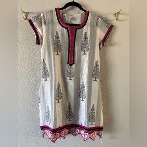 NWT Sabhyata Ivory Gray Cotton Indian Kurti Tunic Size M Cap Sleeve Embroidered